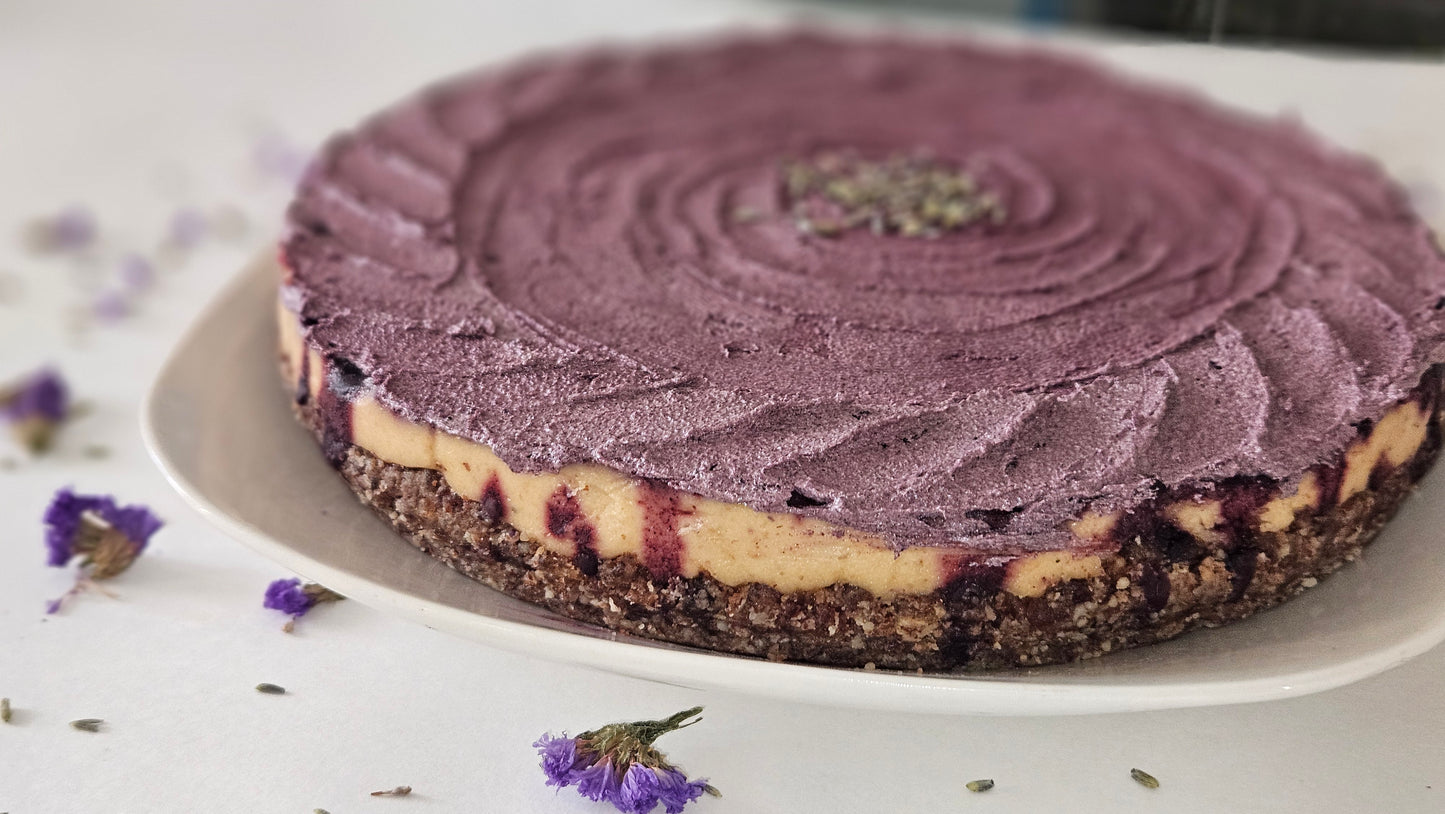 Raw Lemon Lavender Cheesecake slice